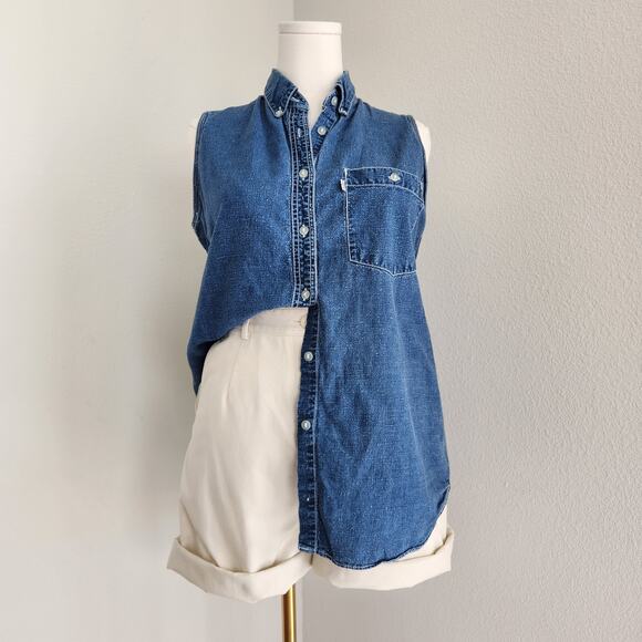 Vintage 90s Y2K Levi’s Linen Cotton Blend Denim Sleeveless Button Down Shirt M - Picture 1 of 9